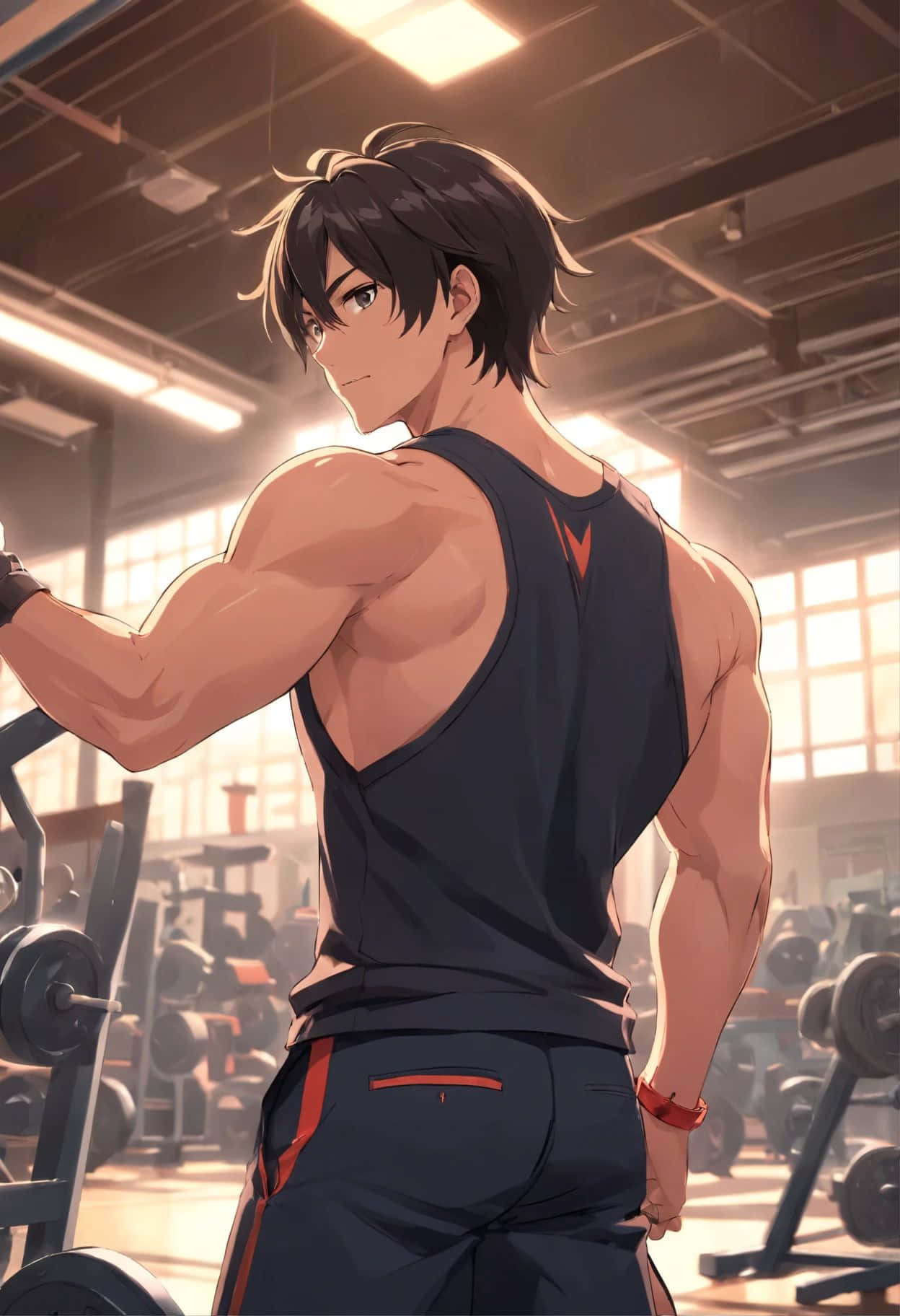 Anime Gym, muscular anime man, black tank top, HD Phone Wallpaper