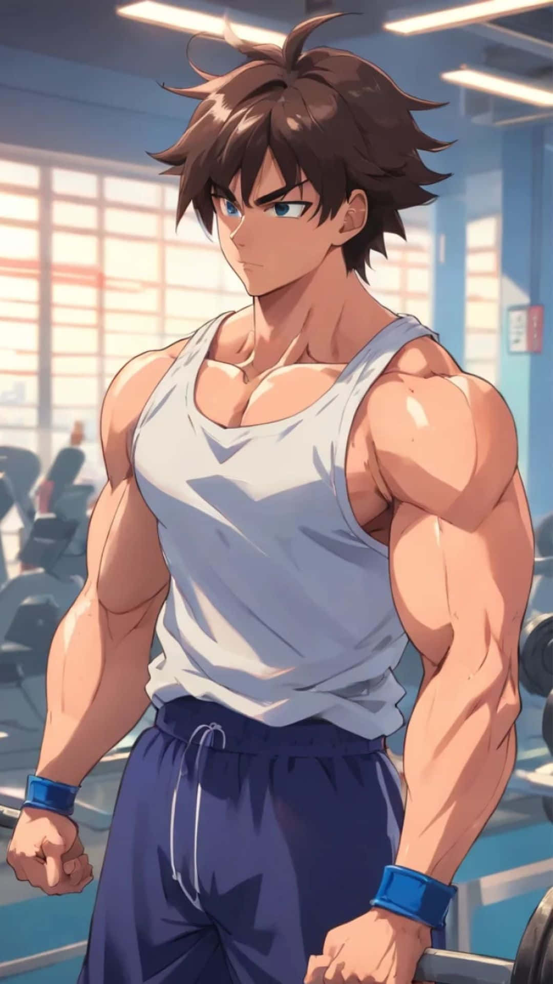 Anime Gym, muscular anime man, brown hair, Full HD Phone Wallpaper