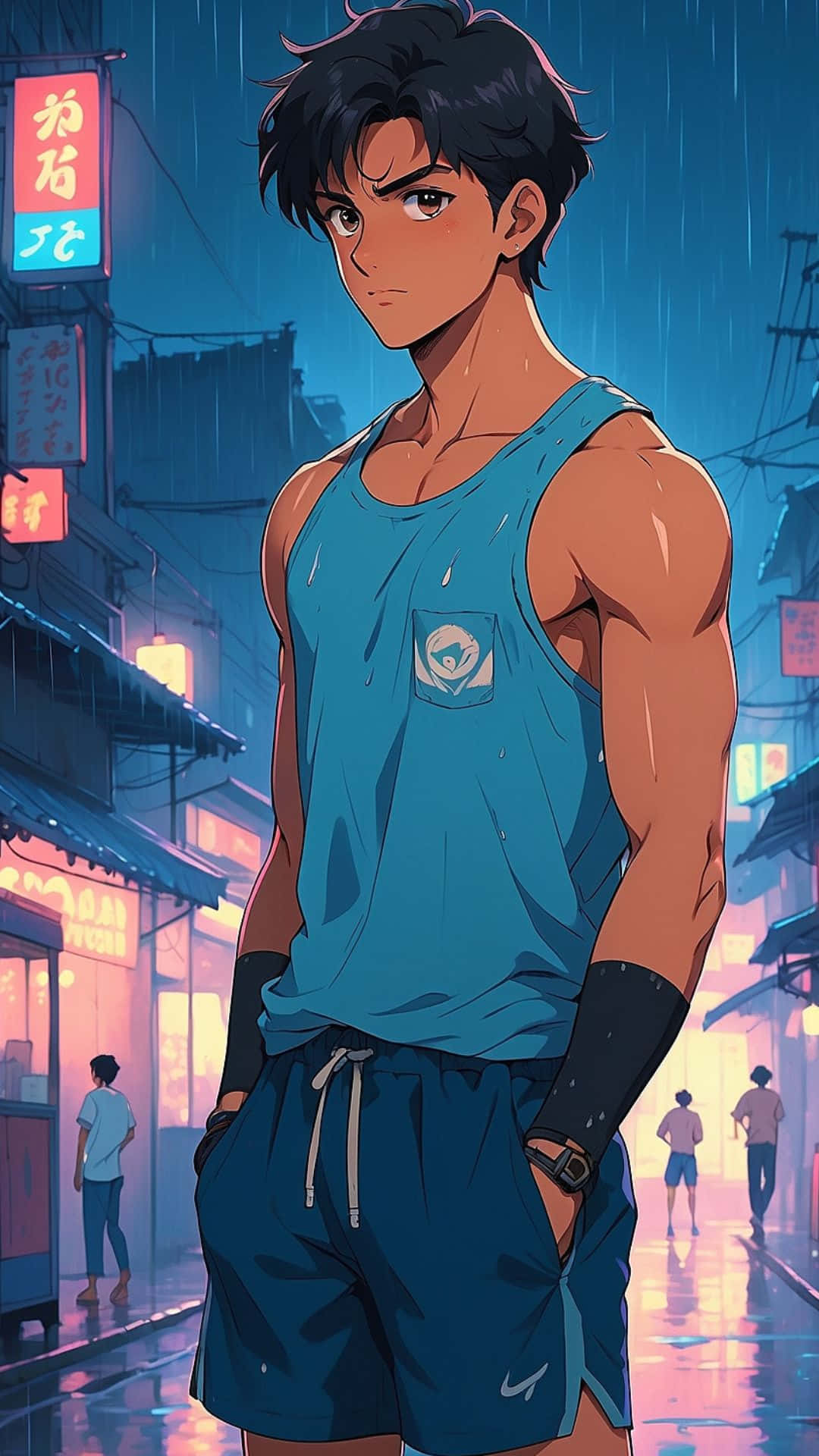 Anime Gym, night workout, rainy neon-lit Japanese alleyway, Full HD Phone Wallpaper