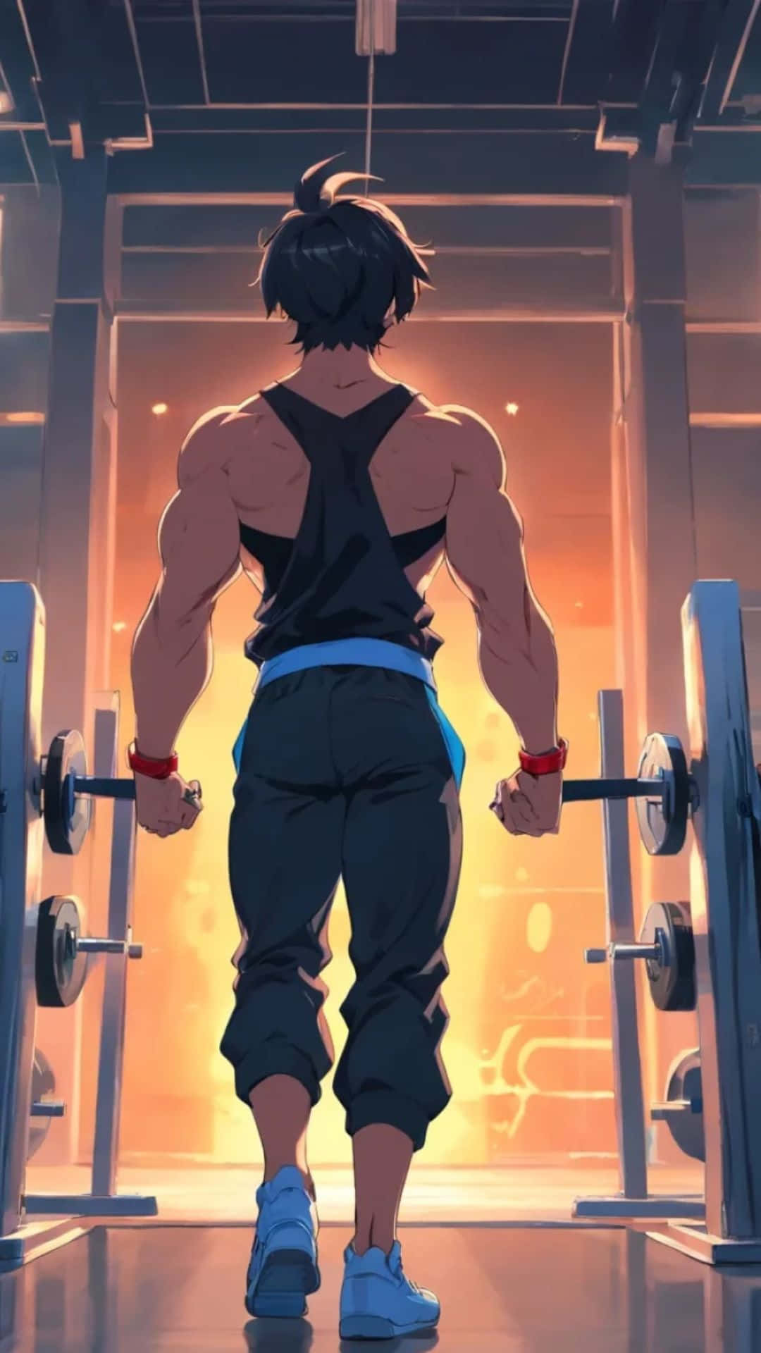 Anime Gym, muscular anime man, gym, Full HD Phone Wallpaper