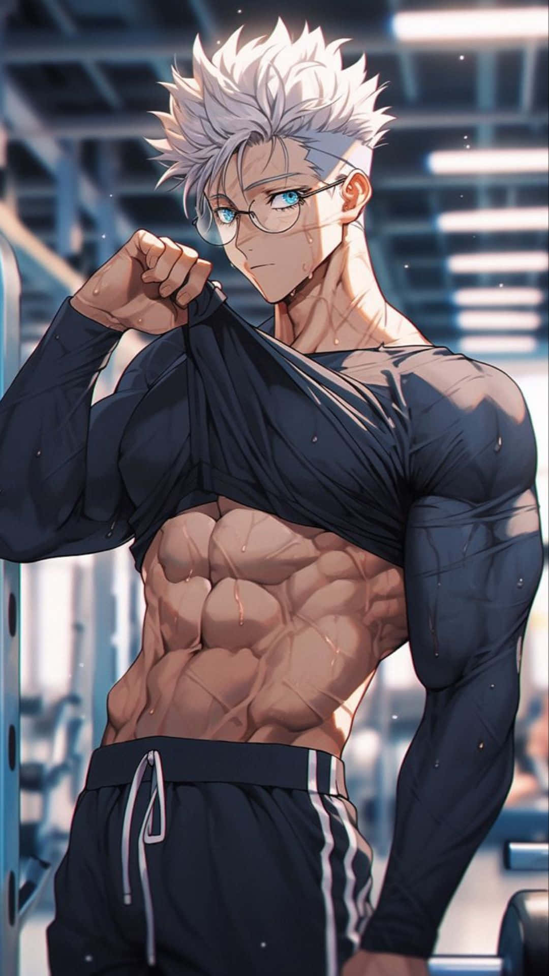 Anime Gym, muscular anime man, spiky white hair, Full HD Phone Wallpaper