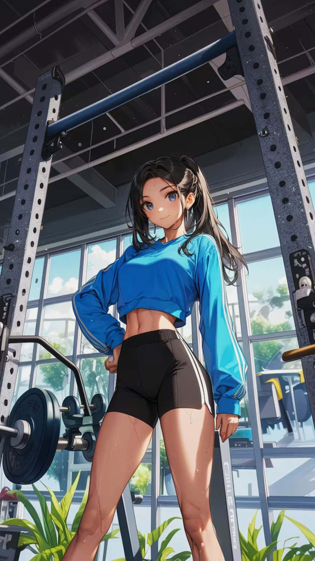 anime girl, blue crop top, black shorts, Full HD Phone Wallpaper