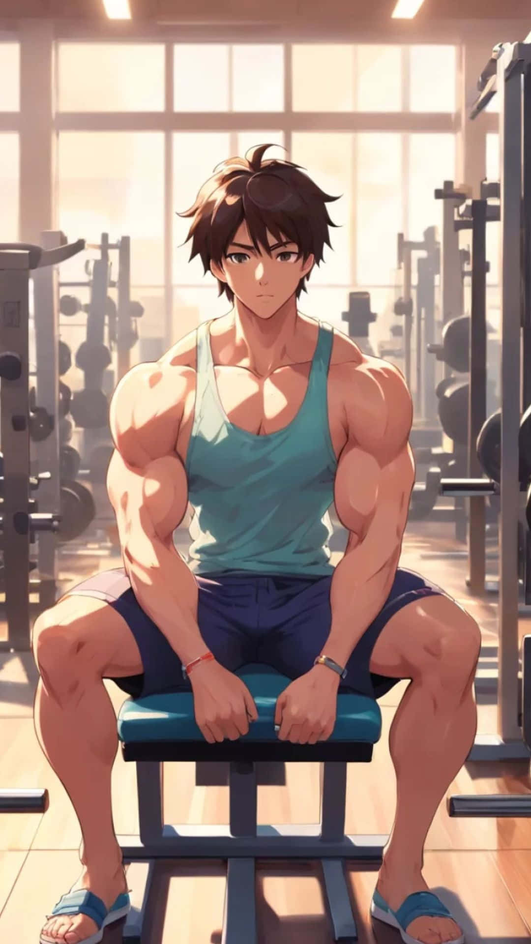 Anime Gym, teal tank top, gym bench, Full HD Phone Wallpaper