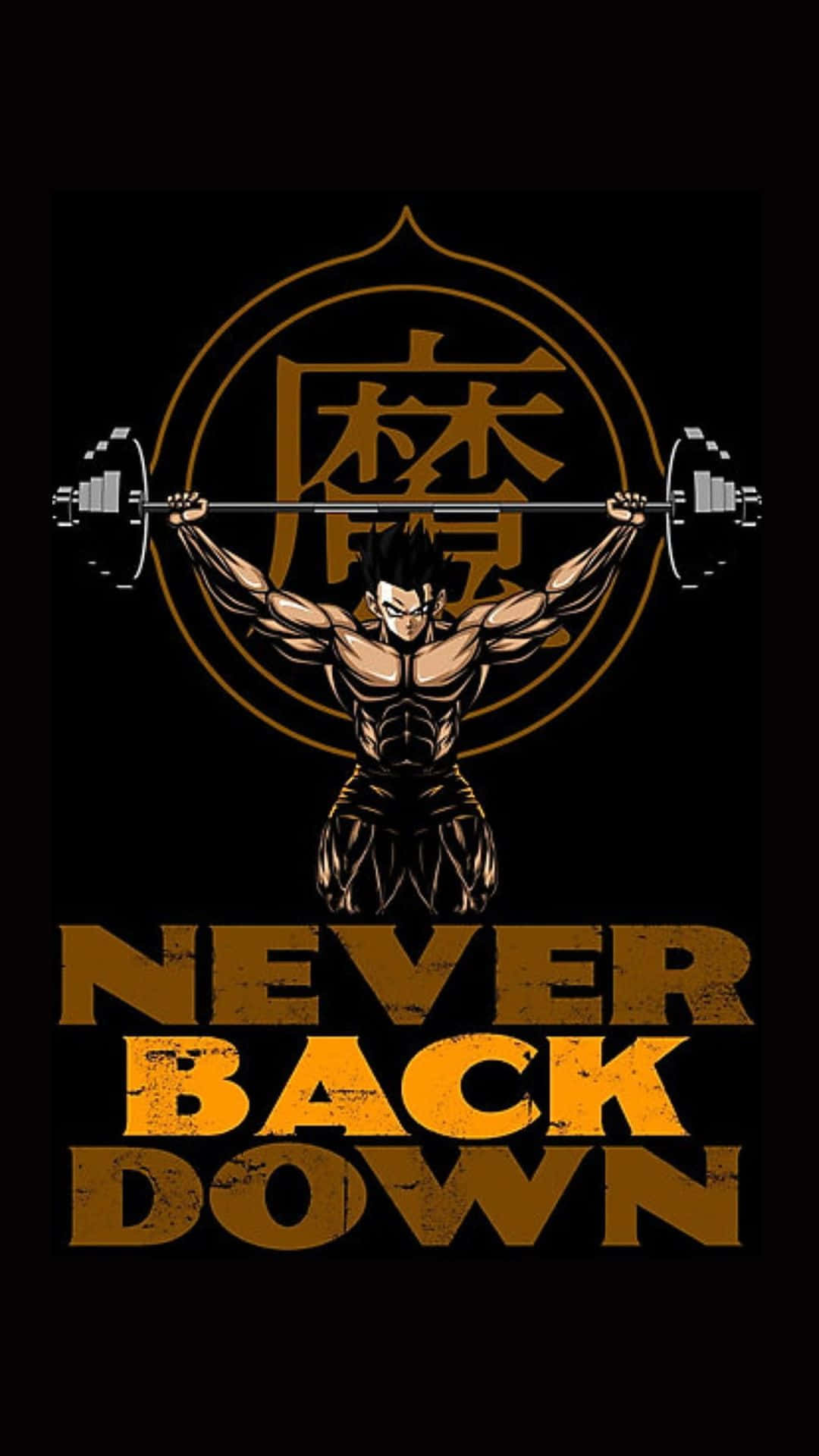 Anime Gym, never back down, golden circular kanji symbol, Full HD Phone Wallpaper