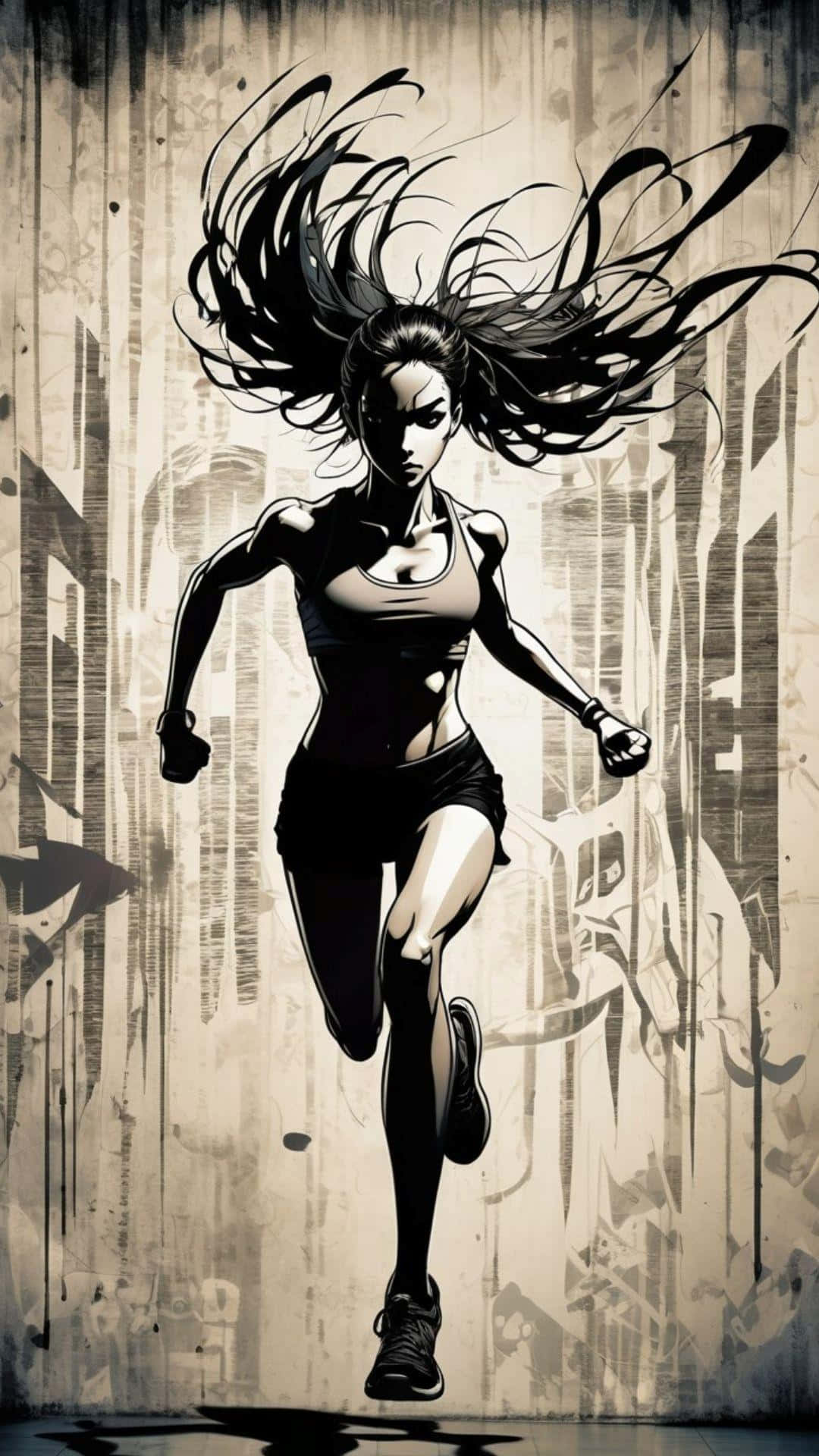 Anime Gym, female runner, black and white illustration, Full HD Phone Wallpaper