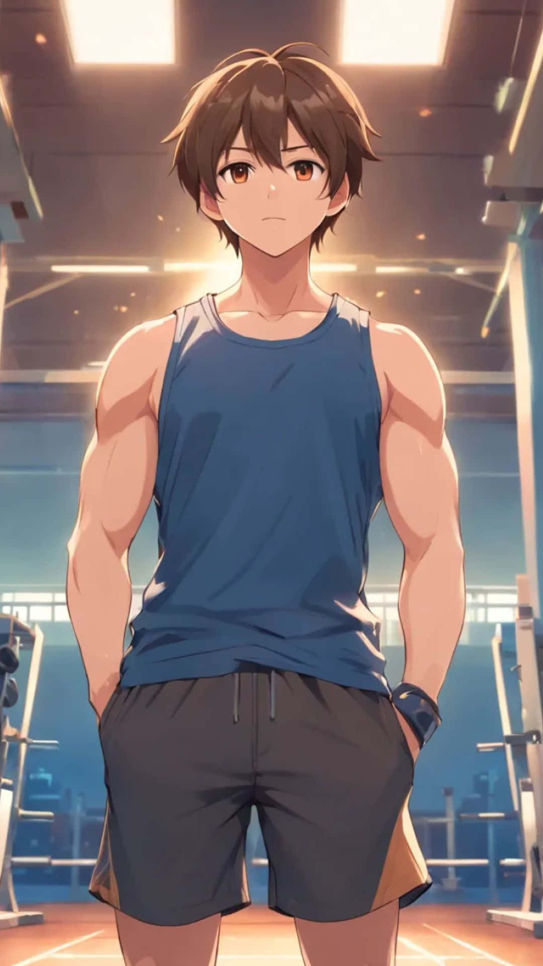 Anime Gym, muscular anime man, blue tank top, Full HD Phone Wallpaper