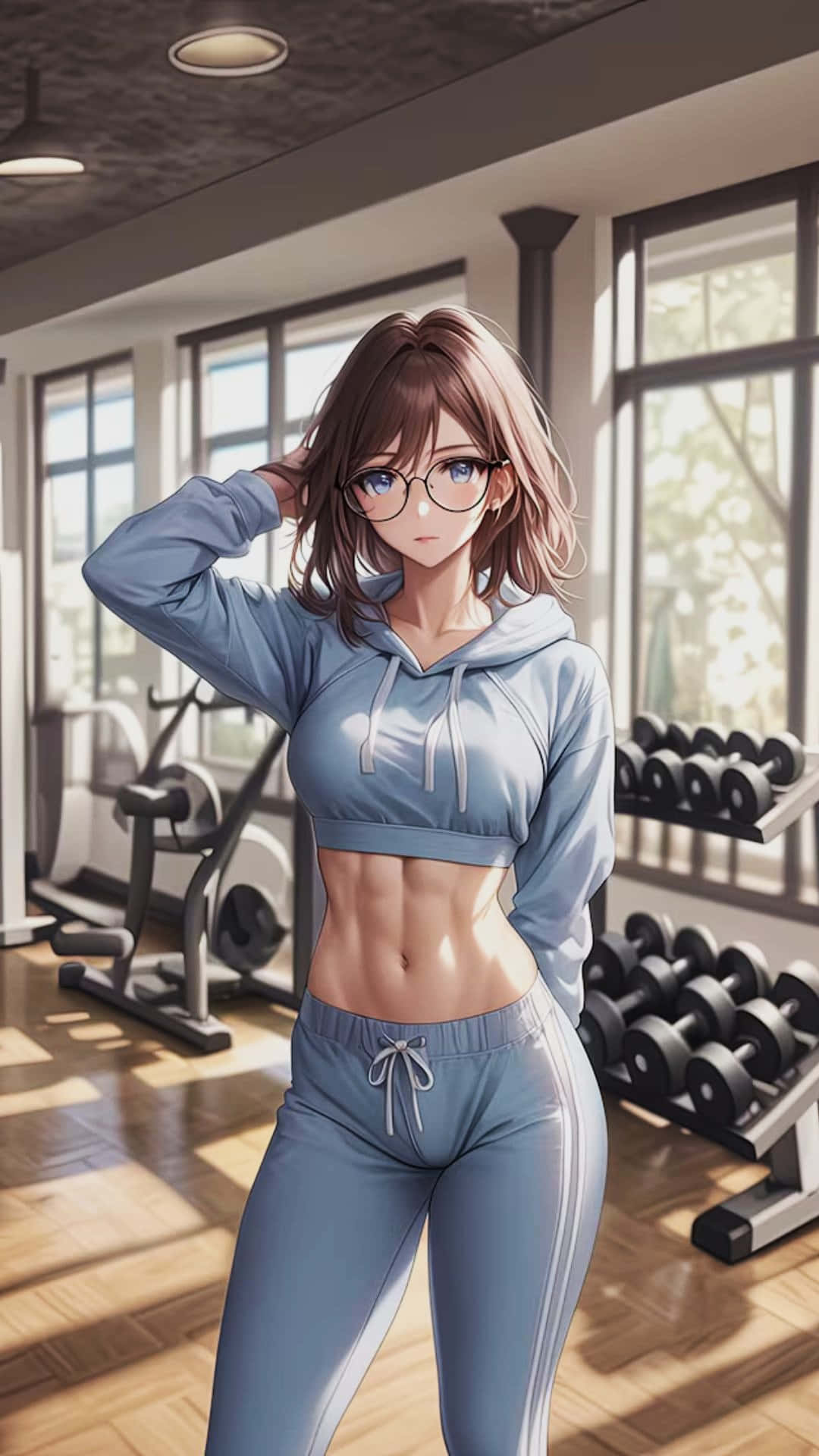 Anime Gym, light blue cropped hoodie, matching sweatpants, Full HD Phone Wallpaper