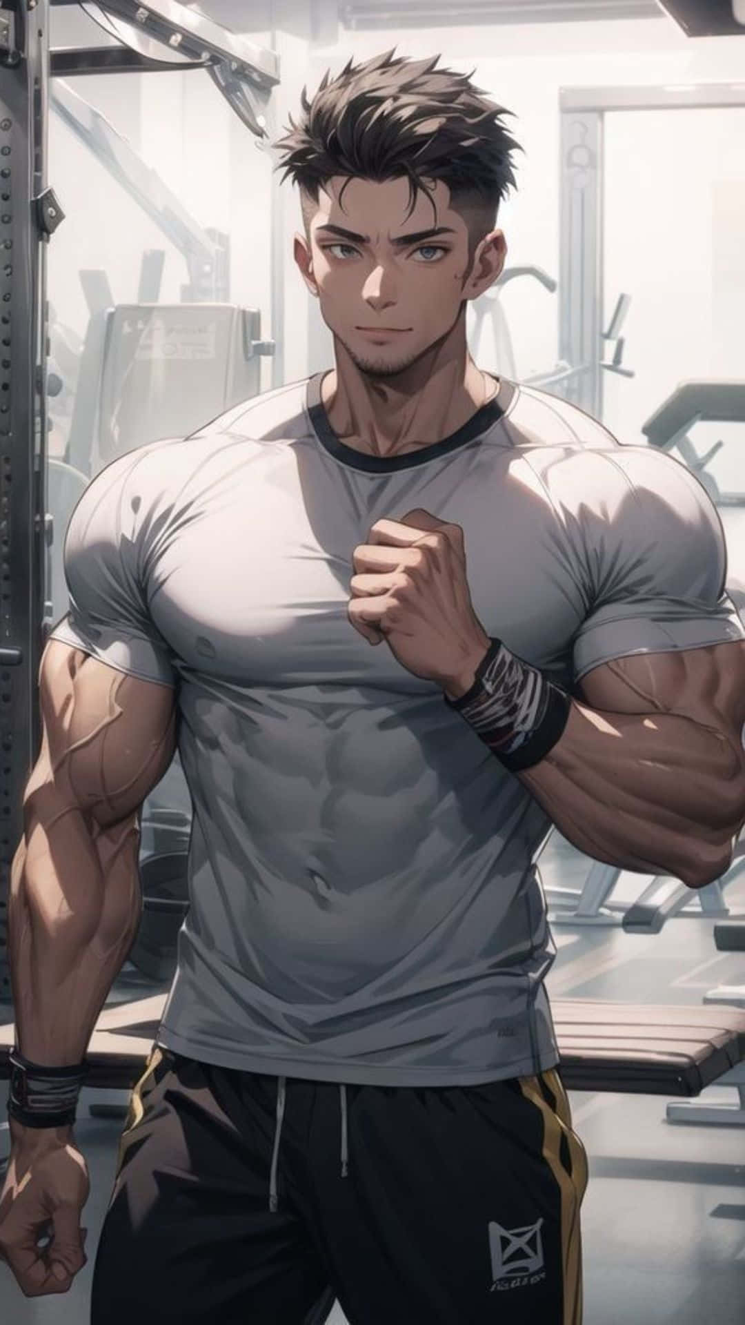 Anime Gym, muscular anime man, grey shirt, Full HD Phone Wallpaper