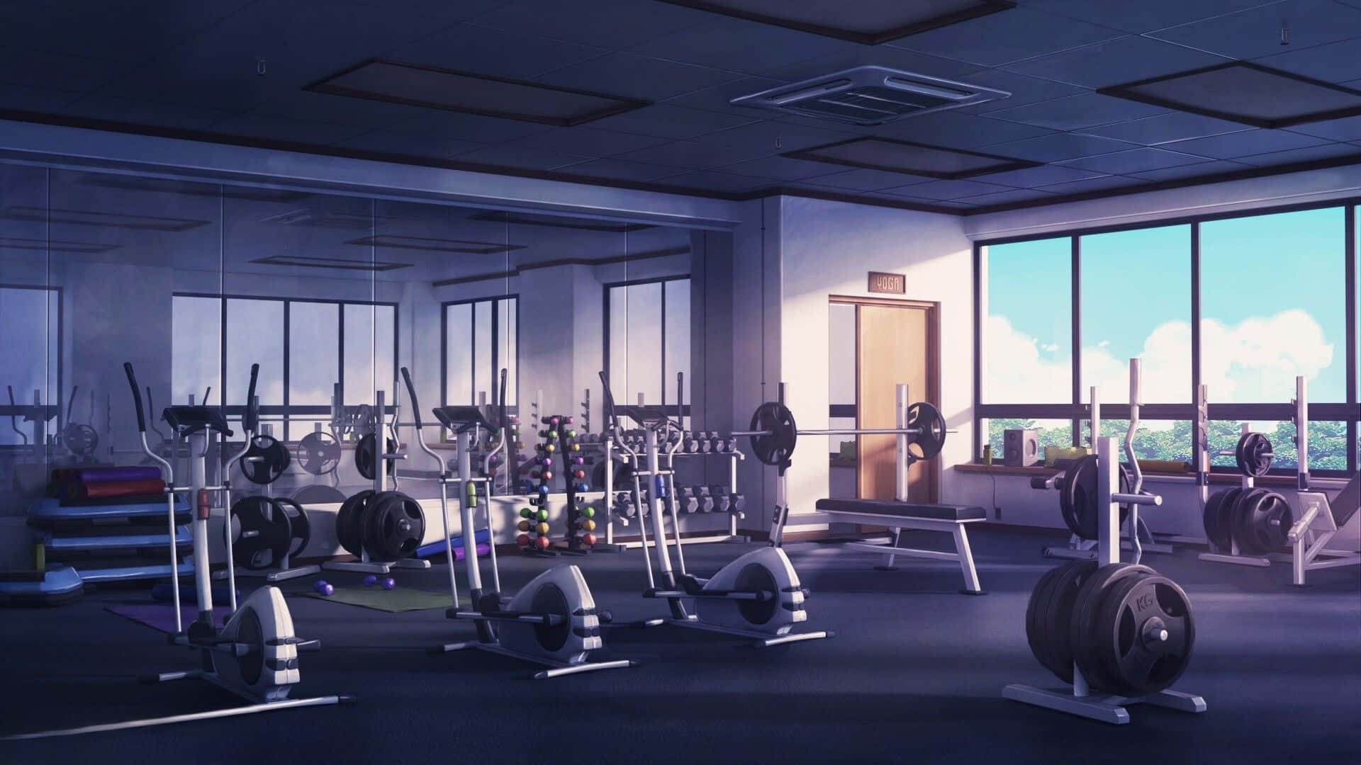 Anime Gym, sleek exercise machines, barbells, Full HD Desktop Wallpaper