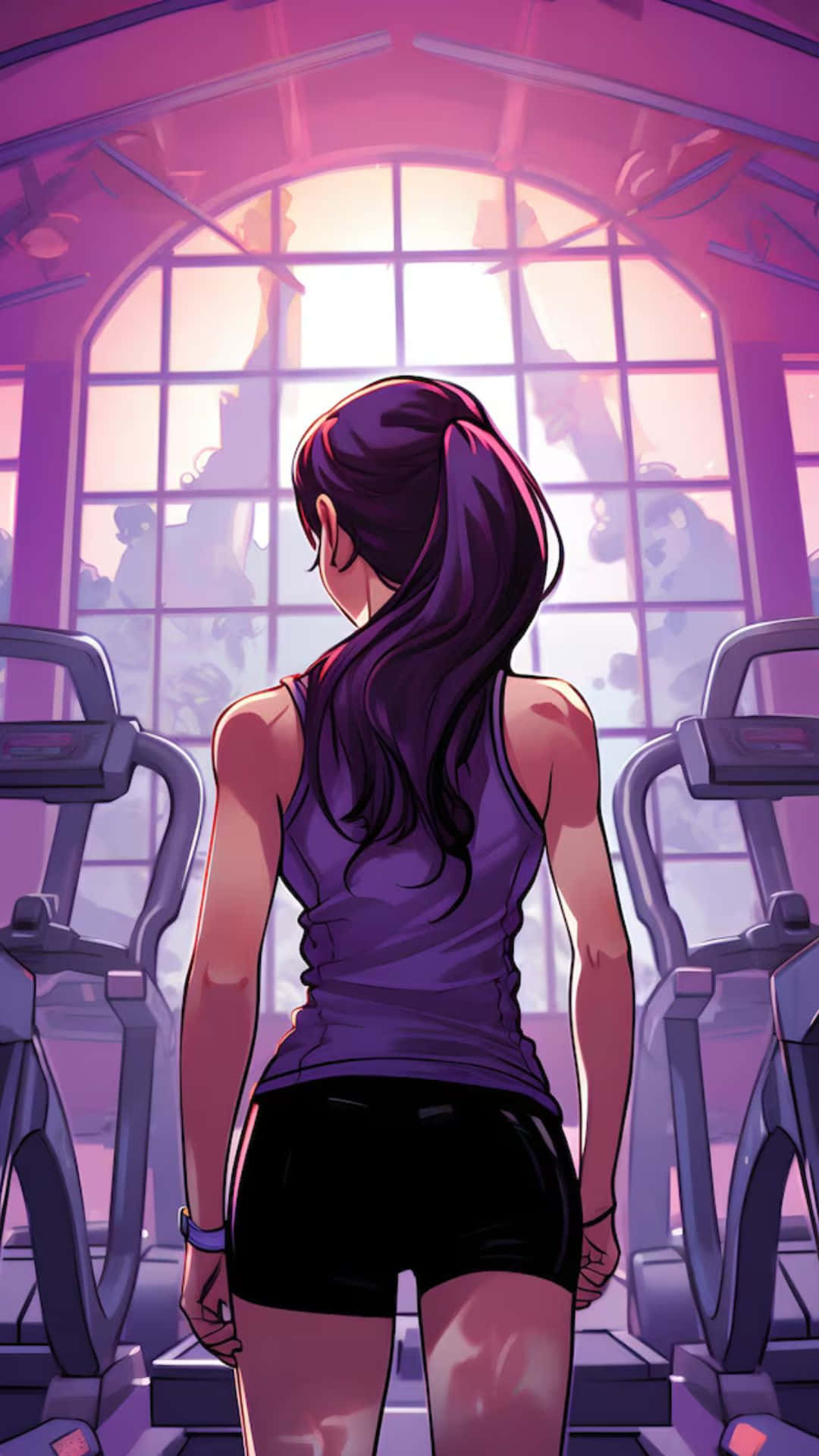 Anime Gym, woman with dark hair in a ponytail, treadmills, Full HD Phone Wallpaper