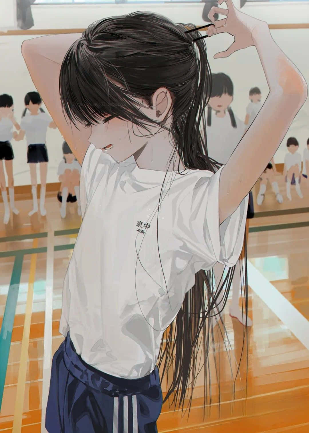 anime girl, white school shirt, blue shorts, HD Phone Wallpaper