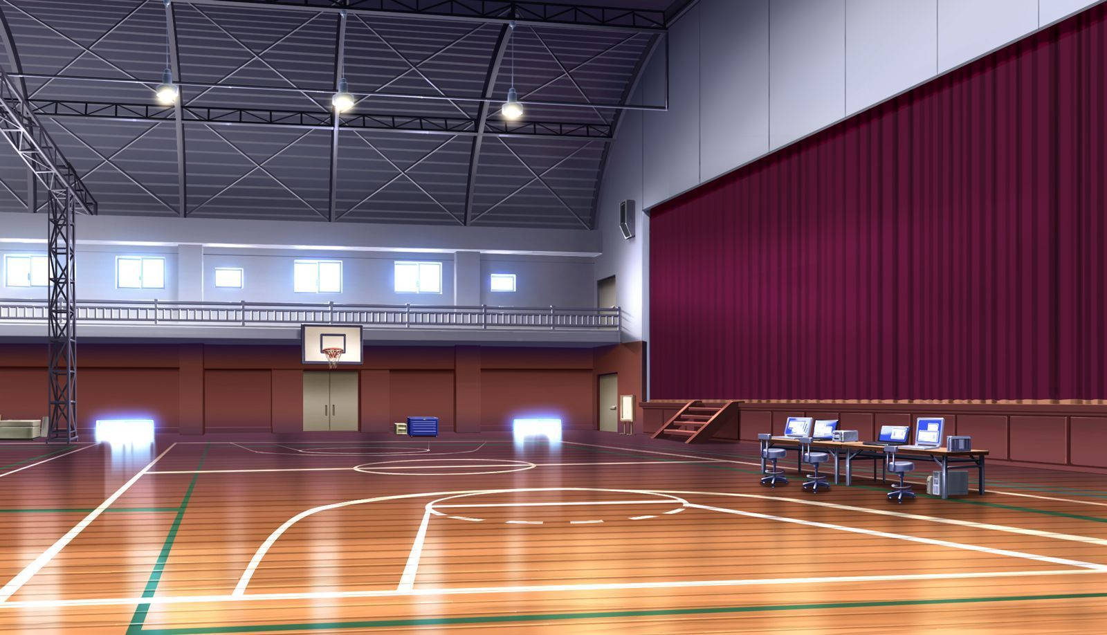 Anime School Scenery, basketball court, auditorium, HD Desktop Wallpaper