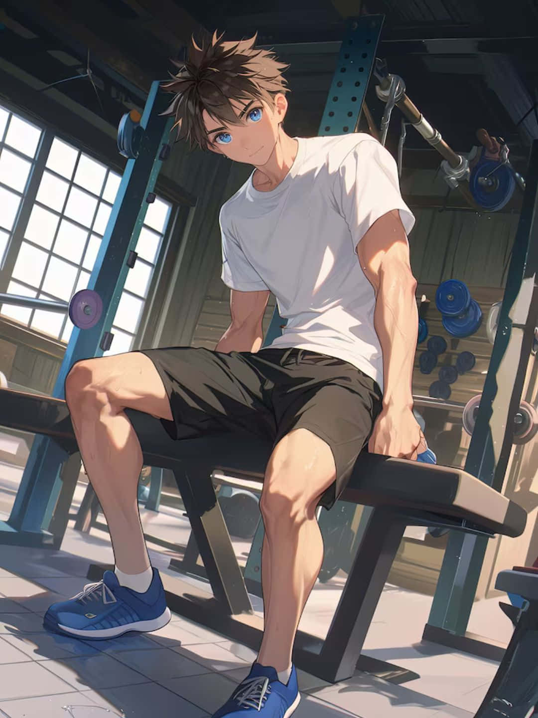 anime gym, spiky-haired anime man, blue eyes, HD Phone Wallpaper