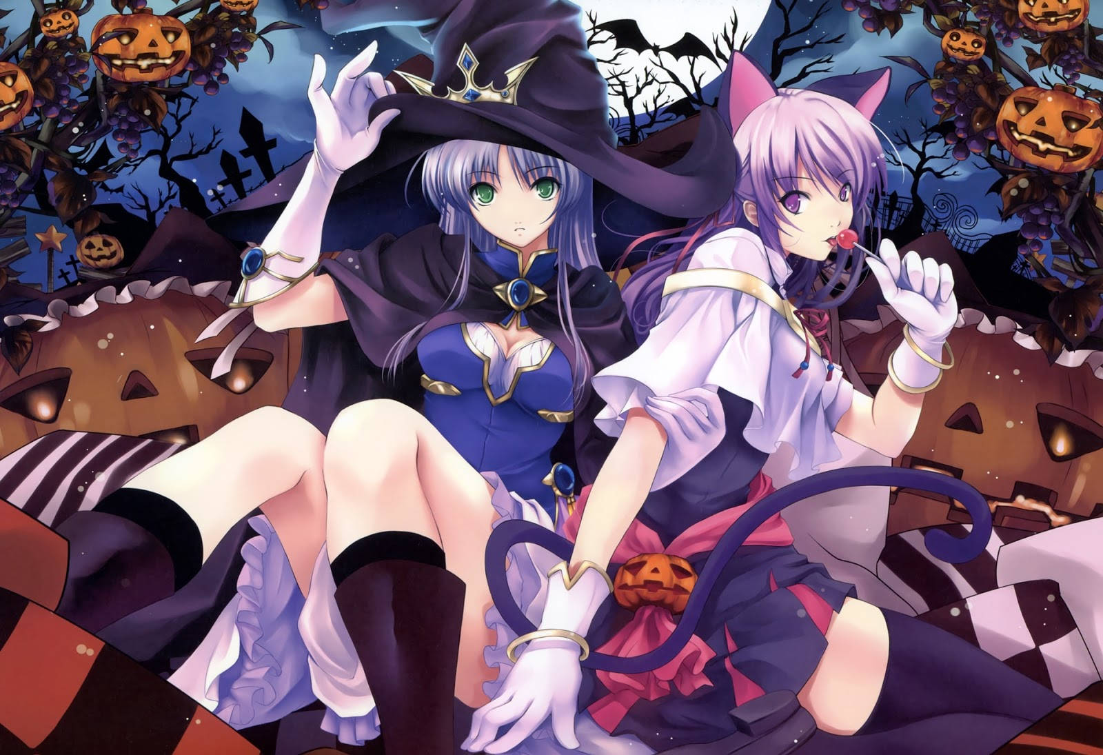 anime witches, Halloween costumes, jack-o-lanterns, HD Desktop Wallpaper