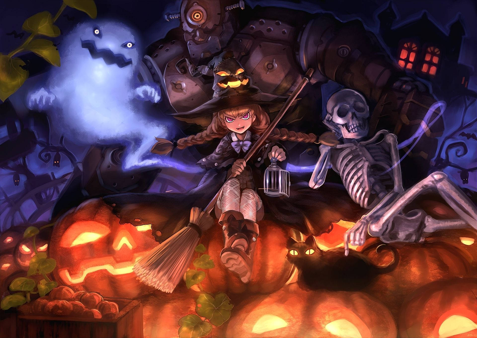 Anime Halloween, witch on a broomstick, glowing jack-o-lanterns, Full HD Desktop Wallpaper