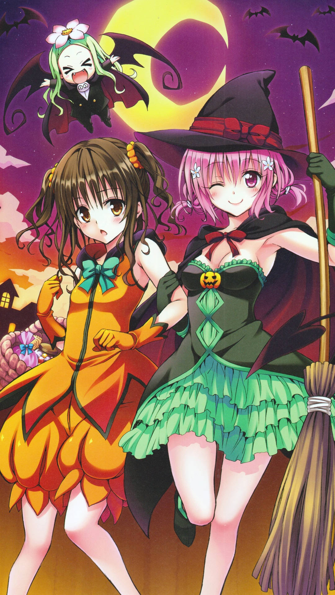 Anime Halloween, Halloween costumes, glowing moon, Full HD Phone Wallpaper