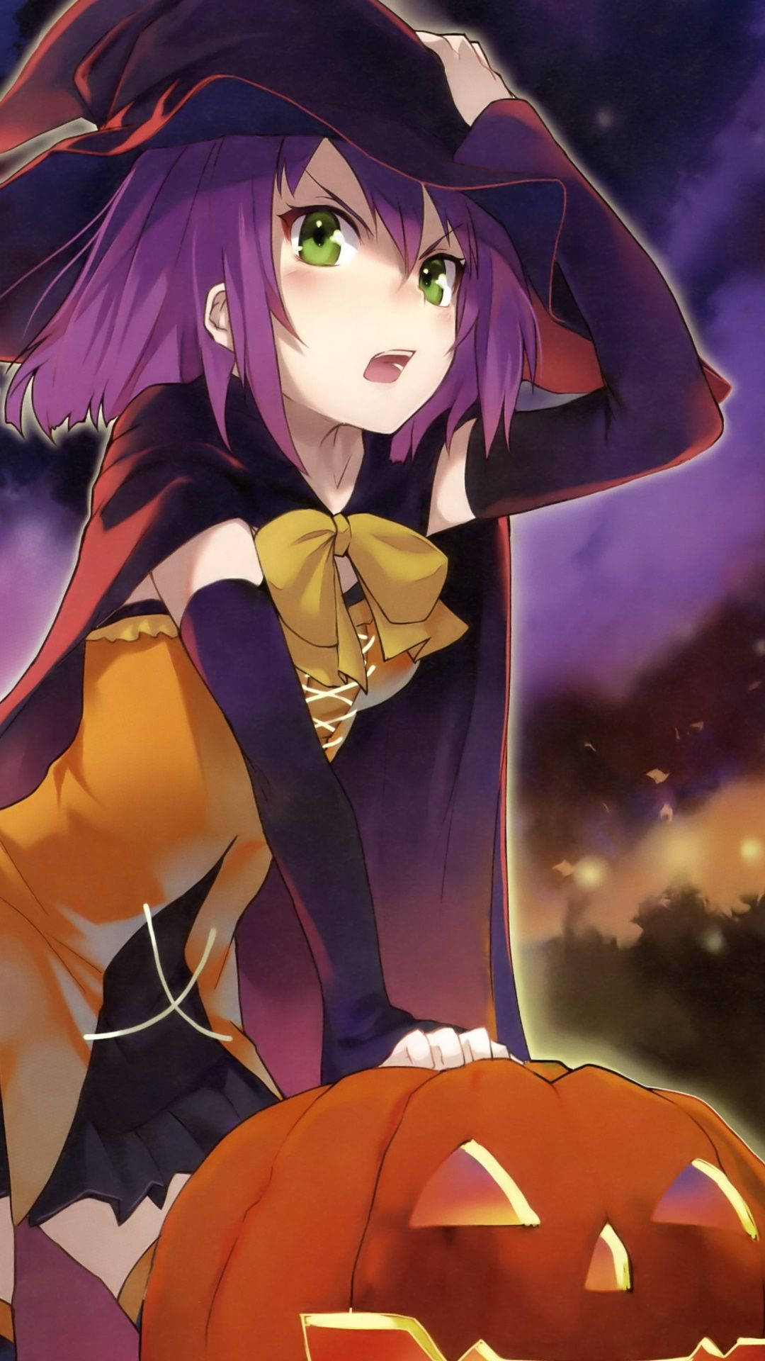 Anime Halloween, purple-haired anime witch, green eyes, Full HD Phone Wallpaper
