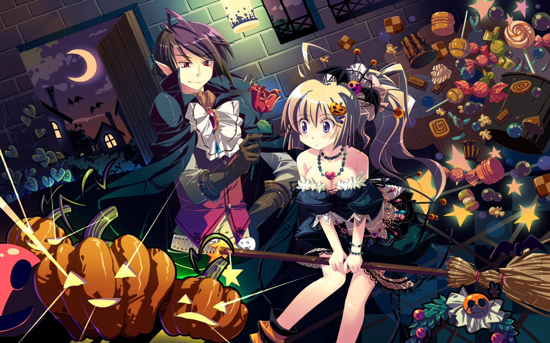 Halloween, crescent moon, floating candy, Full HD Desktop Wallpaper