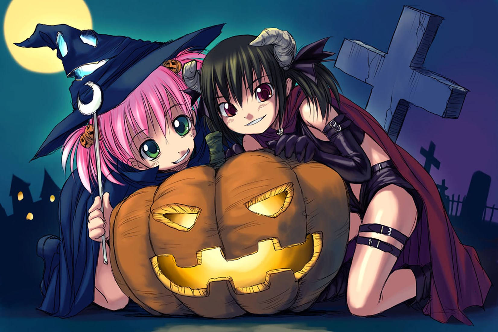anime girls, witch costumes, glowing jack-o-lantern, HD Desktop Wallpaper