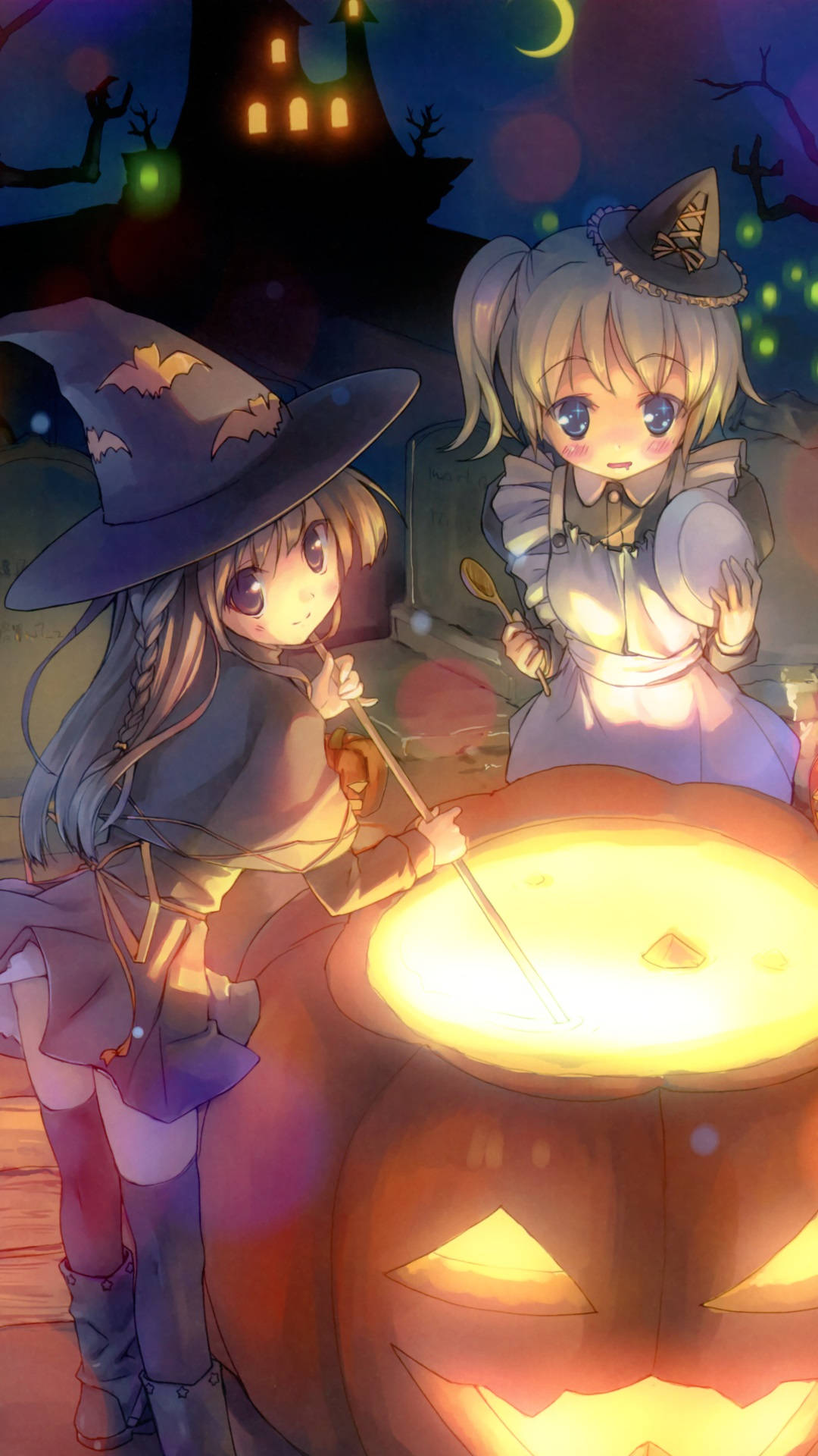 Anime Halloween, witch hats, glowing cauldron, Full HD Phone Wallpaper