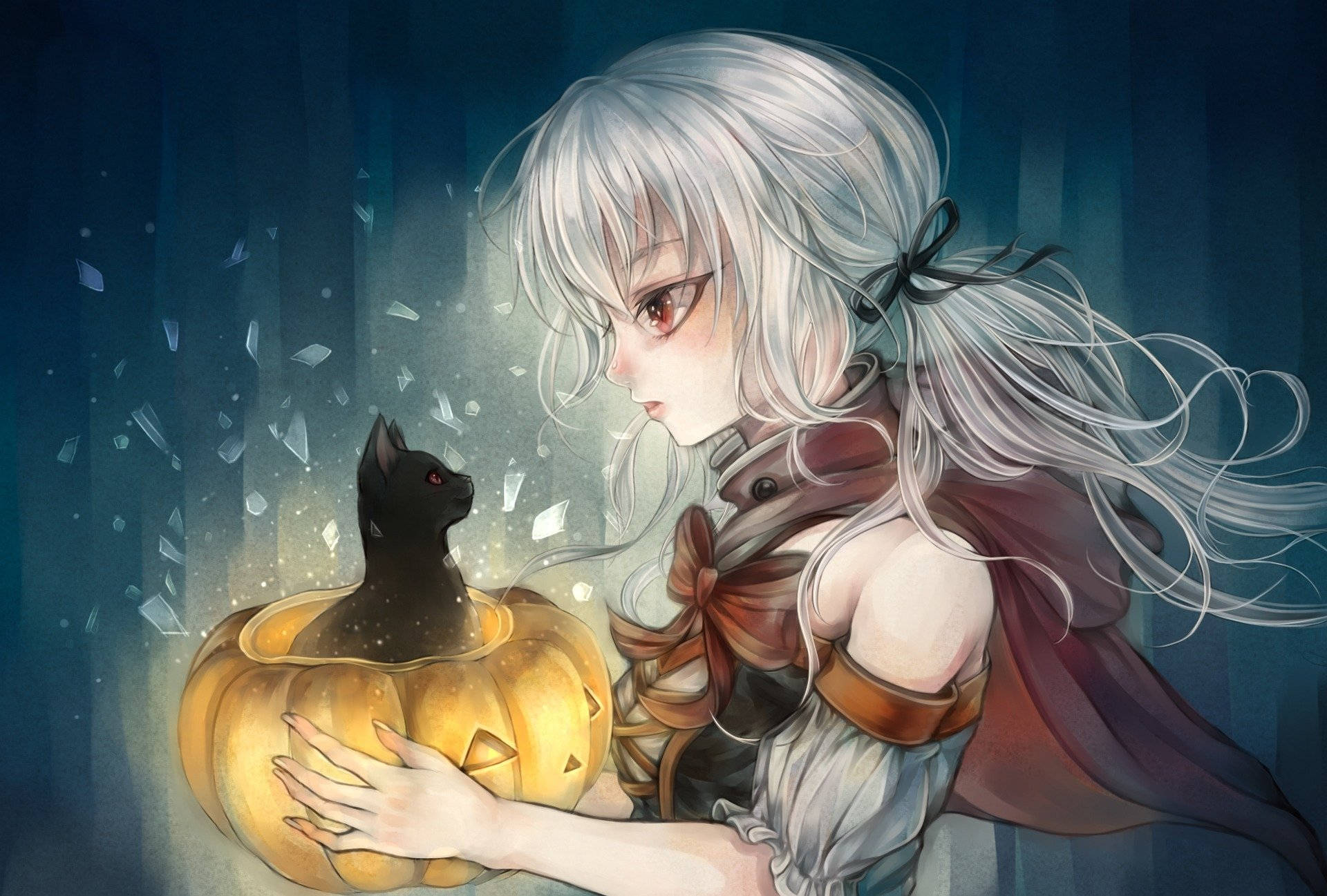 silver-haired anime girl, glowing jack-o-lantern, black cat, Full HD Desktop Wallpaper