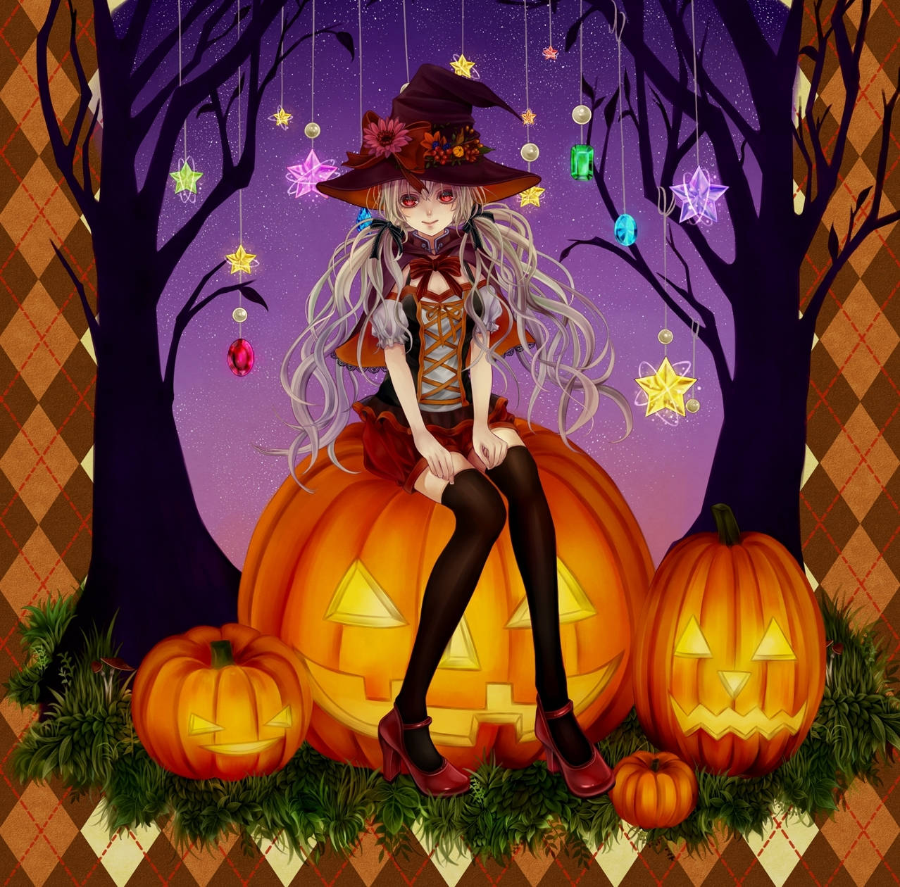 witch, long silver hair, glowing jack-o'-lantern, SD Desktop Wallpaper