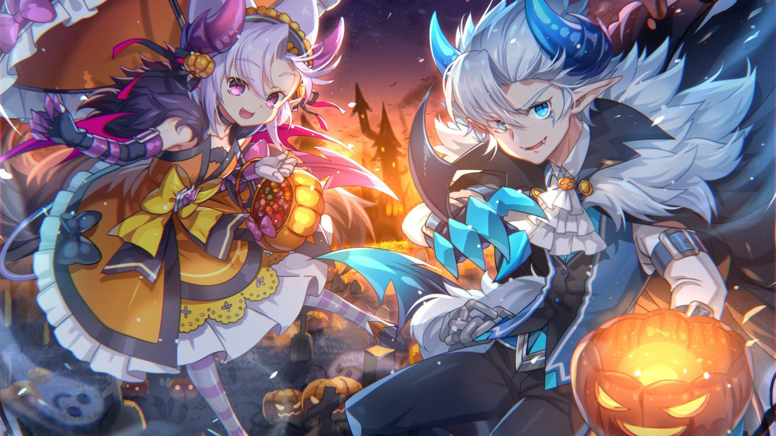 Anime Halloween, Halloween costumes, glowing pumpkins, 2K Desktop Wallpaper