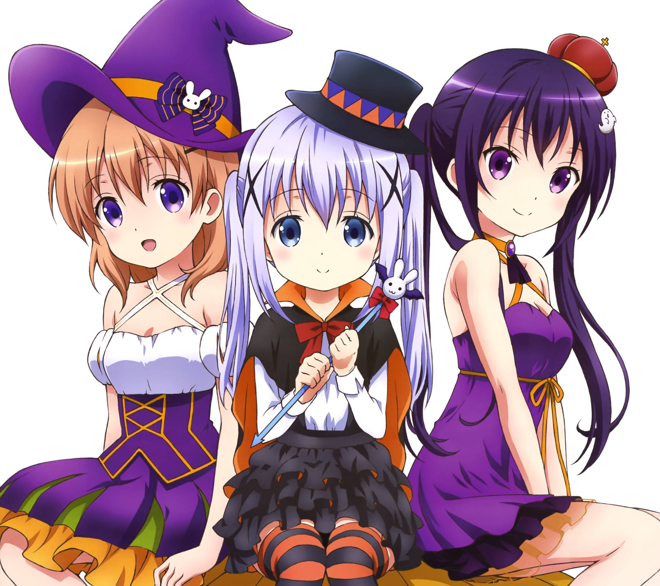 Anime Halloween, Halloween costumes, three anime girls, Full HD Desktop Wallpaper