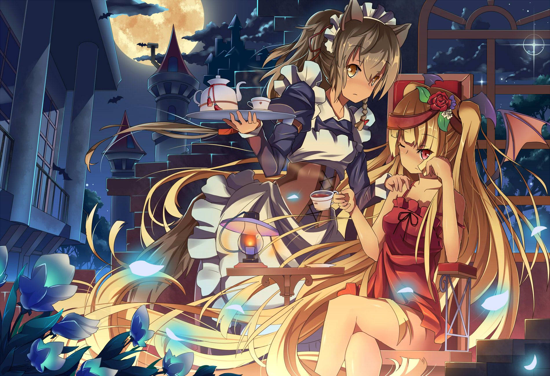 Anime Halloween, cat ears, wings, HD Desktop Wallpaper
