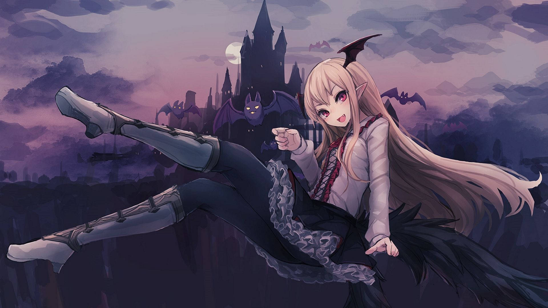 anime girl, bat ears, bat tail, Full HD Desktop Wallpaper