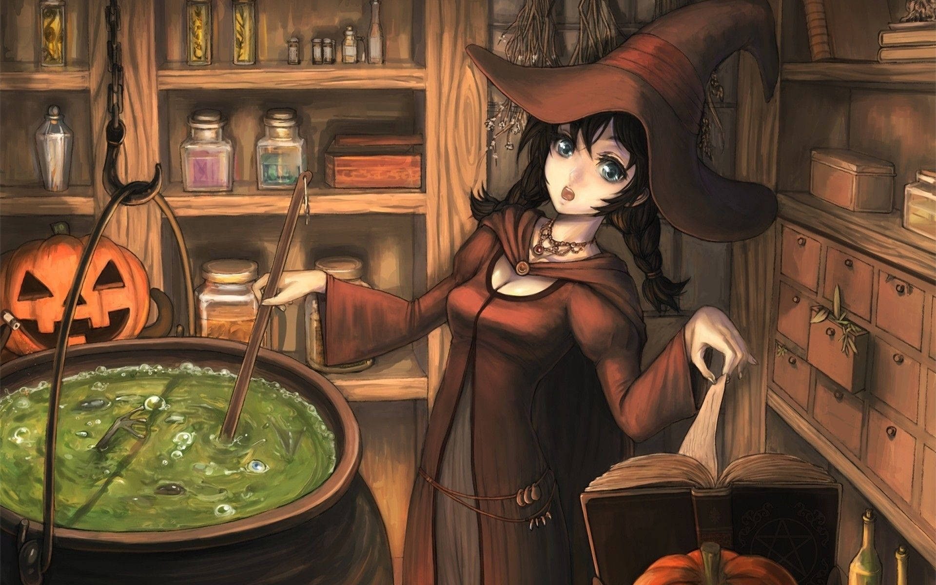 Anime Halloween, witch, brown hat, Full HD Desktop Wallpaper