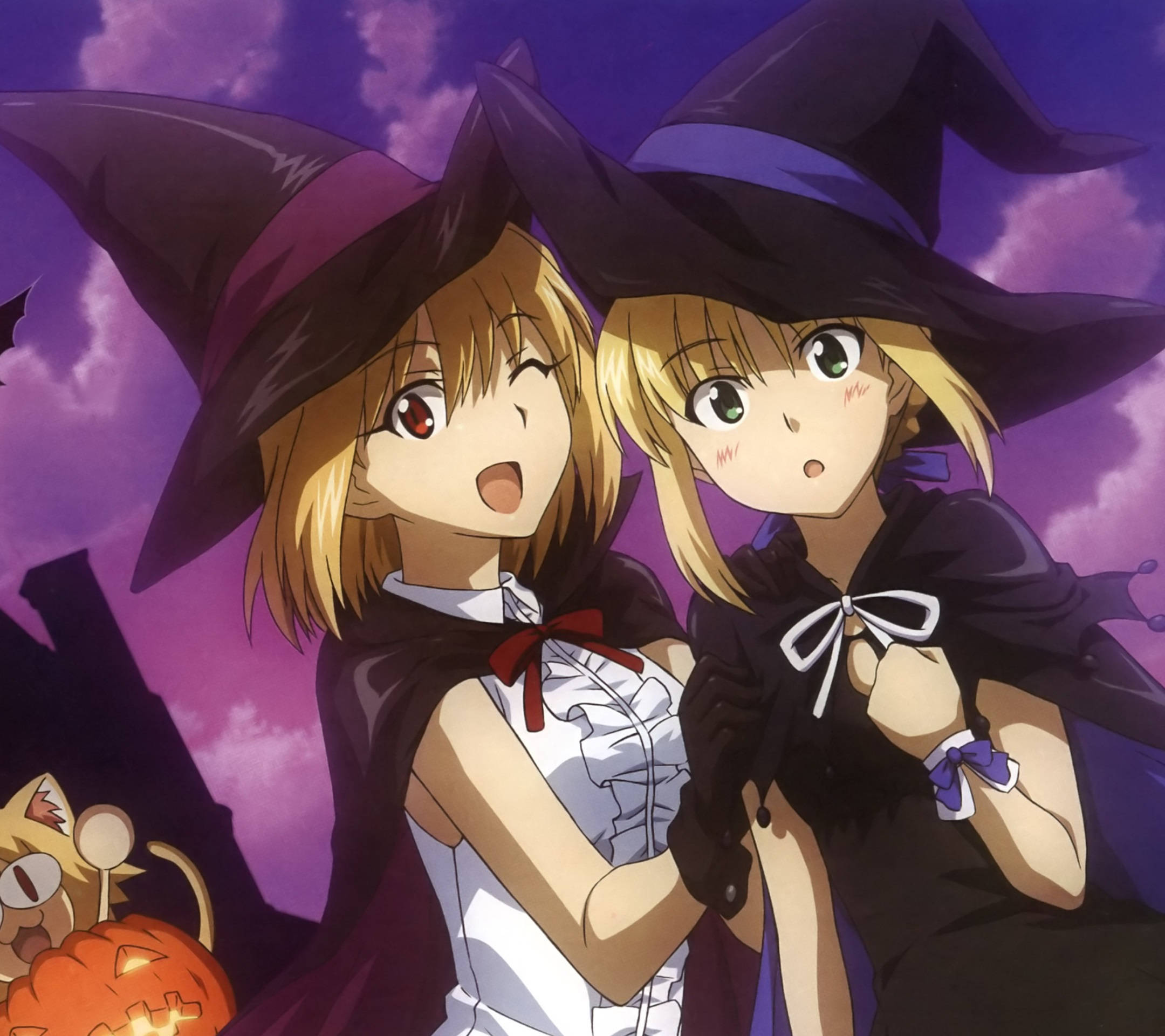 Anime Halloween, witches, purple hats, Full HD Desktop Wallpaper