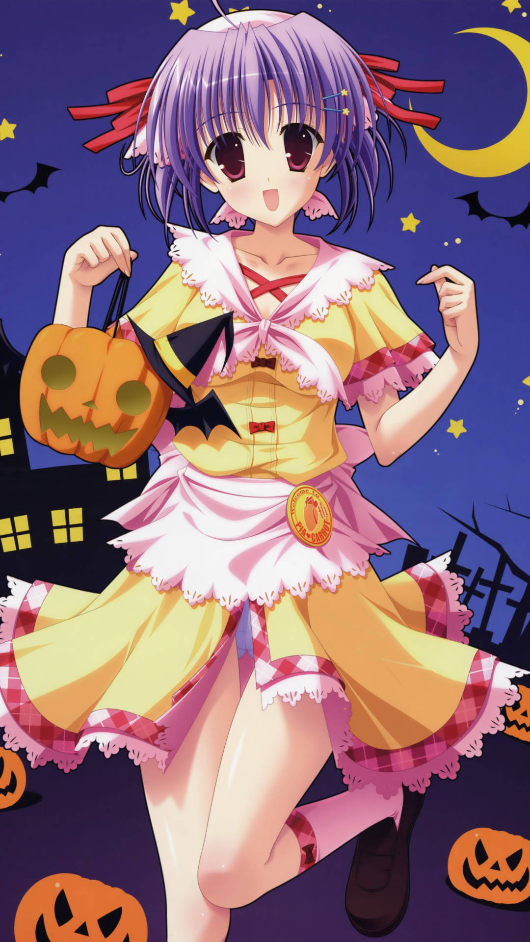 Anime Halloween, yellow and pink Halloween costume, jack-o-lantern, Full HD Phone Wallpaper