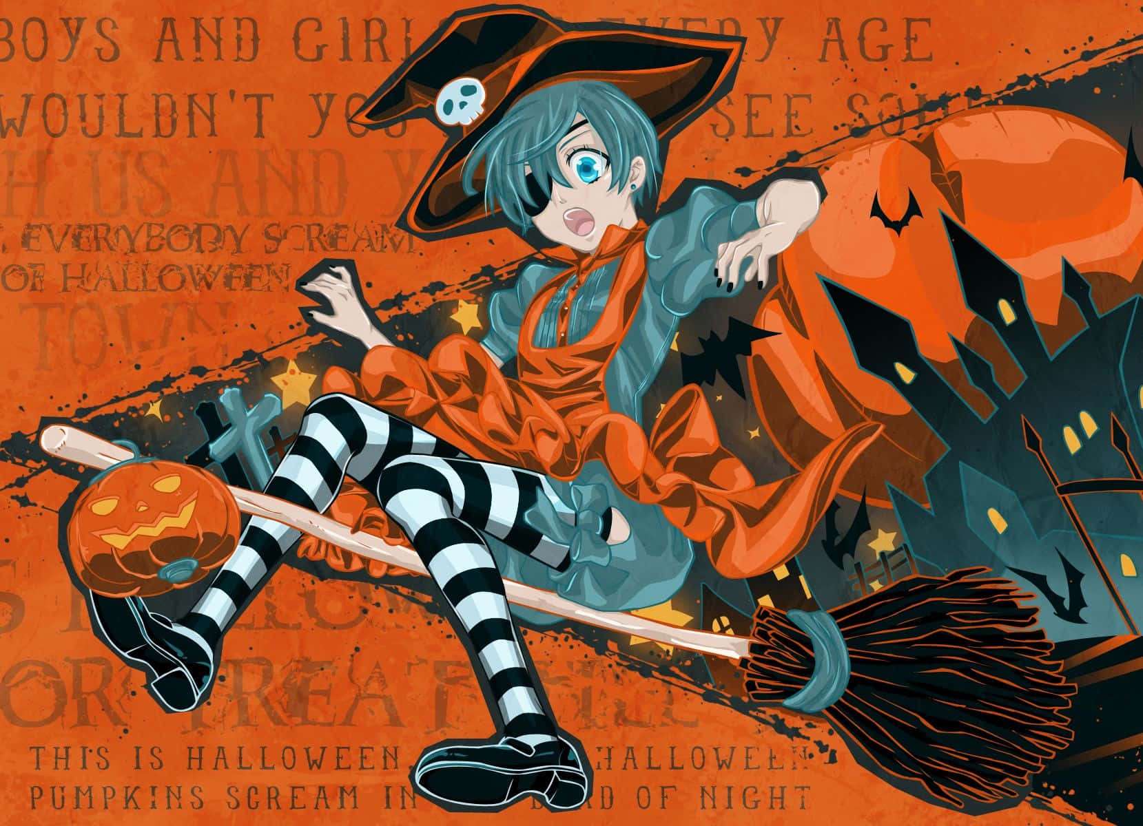 blue-haired anime witch, orange hat, striped socks, HD Desktop Wallpaper