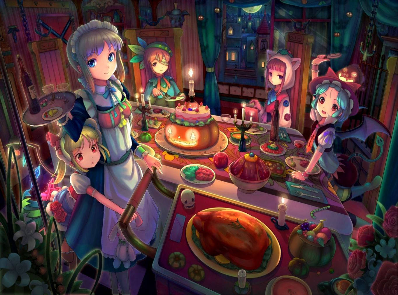 Anime Halloween, Halloween, candlelit table, HD Desktop Wallpaper