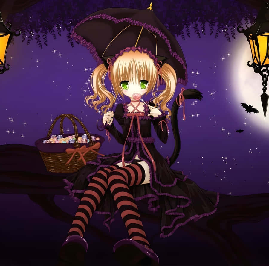 chibi witch, blonde pigtails, green eyes, SD Desktop Wallpaper