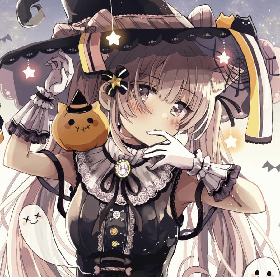 Halloween, anime girl, witch costume, SD Desktop Wallpaper