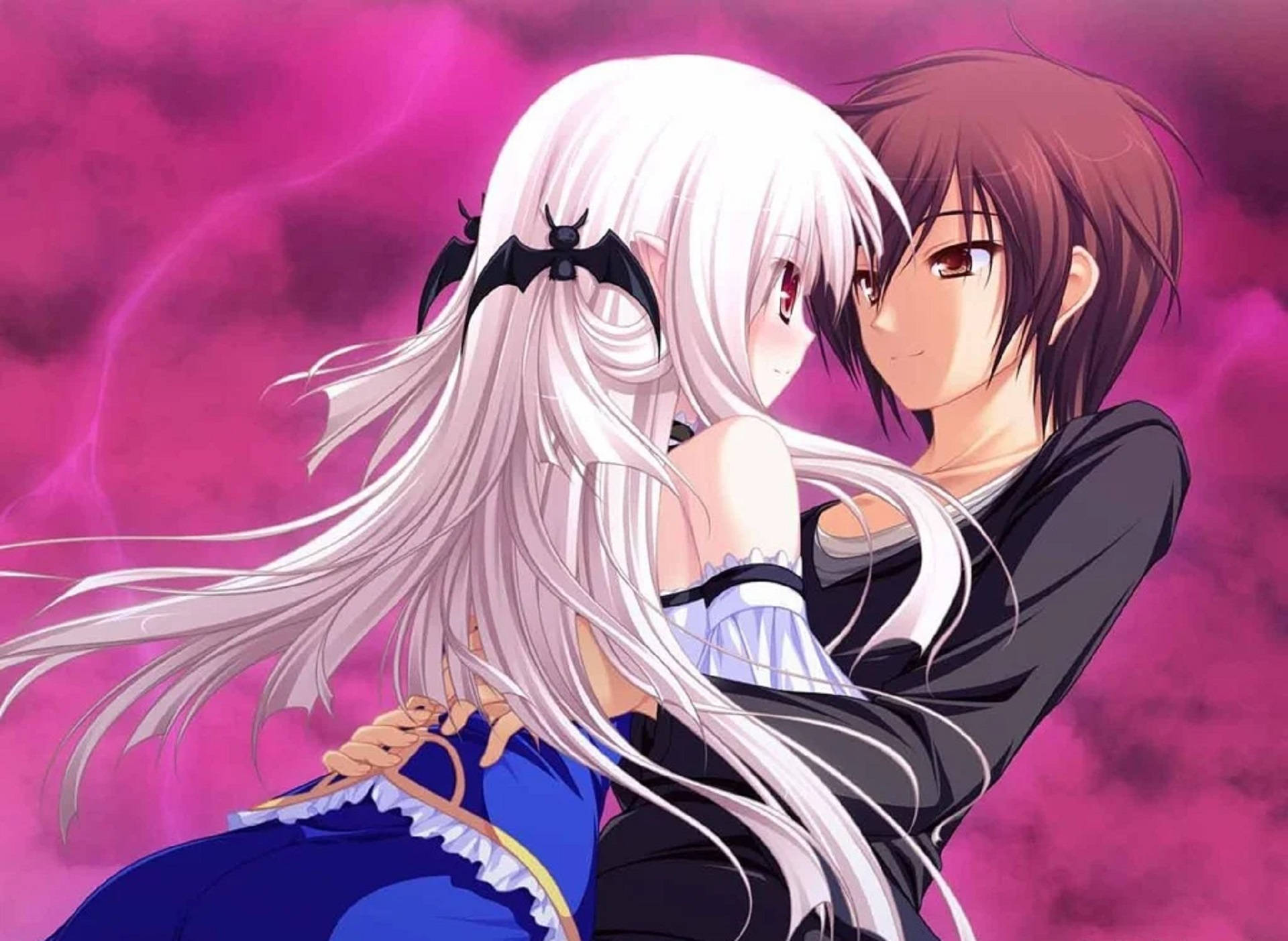 white-haired girl, bat-wing hair clips, brown-haired boy, Full HD Desktop Wallpaper