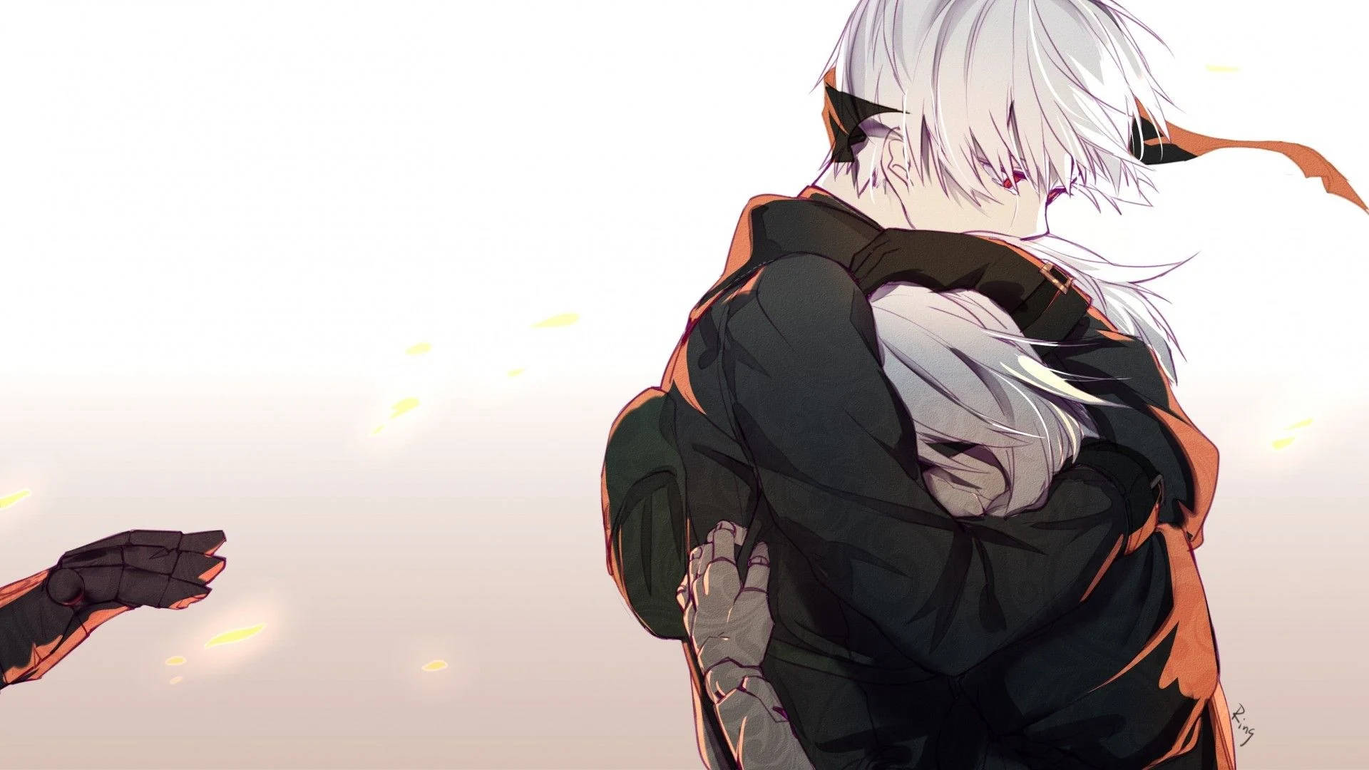 Anime Hug, white hair, couple, Full HD Desktop Wallpaper