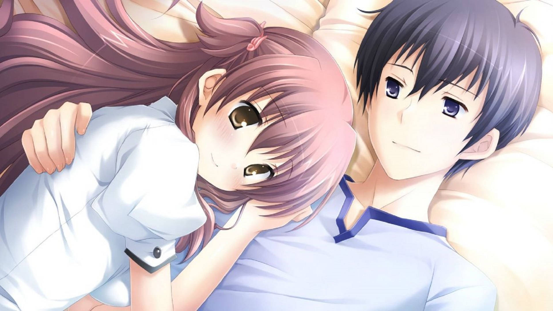 anime hug, pink-haired anime girl, smiling boy, Full HD Desktop Wallpaper