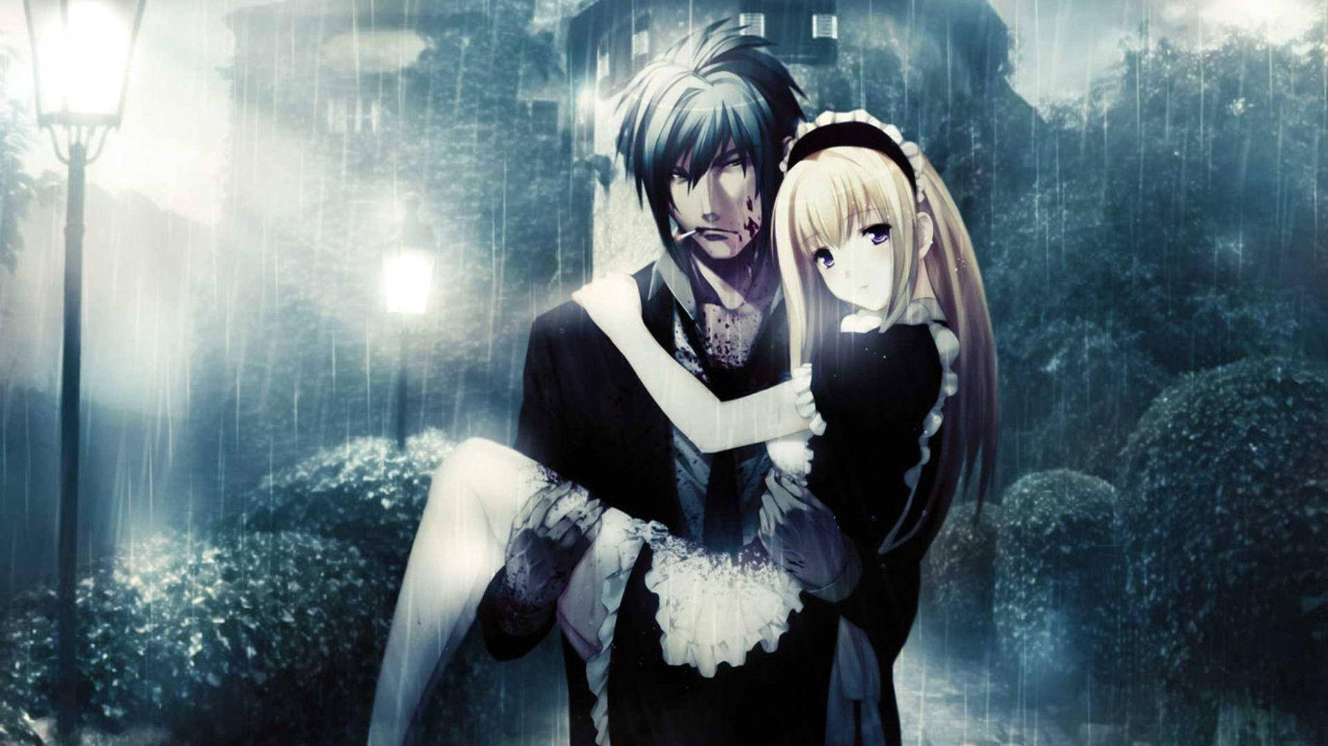 anime couple, rainy day, rain-soaked streetlights, Full HD Desktop Wallpaper