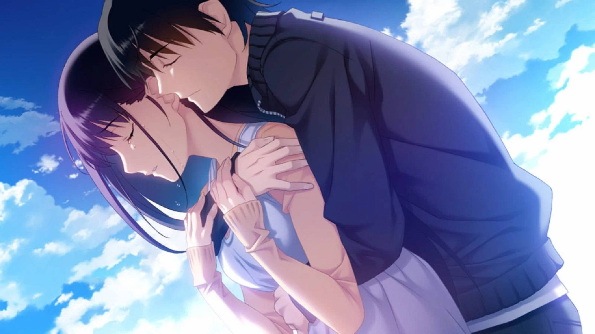 Anime Hug, closed eyes, bright blue sky, Full HD Desktop Wallpaper
