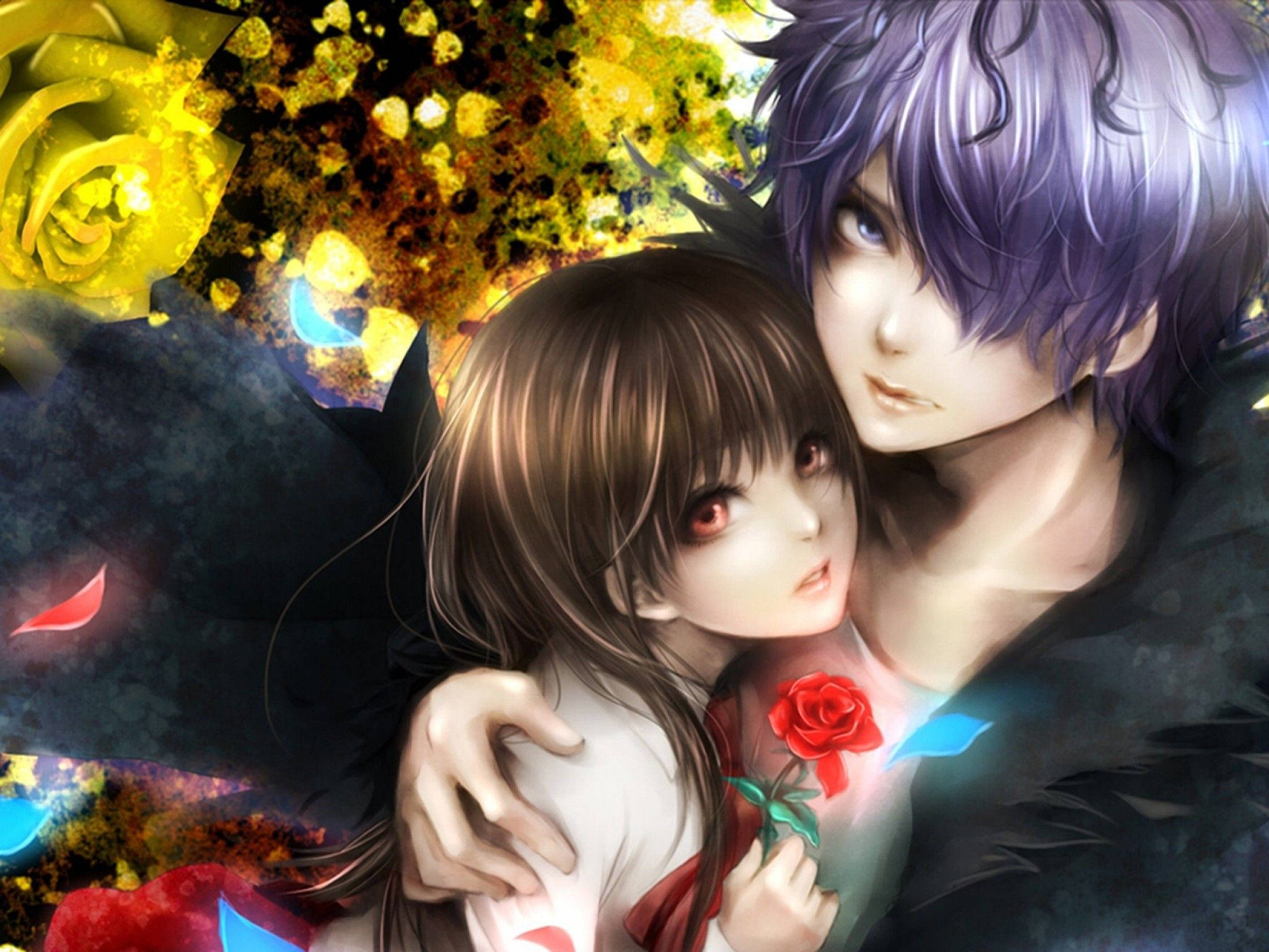 purple-haired anime boy, brown-haired girl, red rose, Full HD Desktop Wallpaper