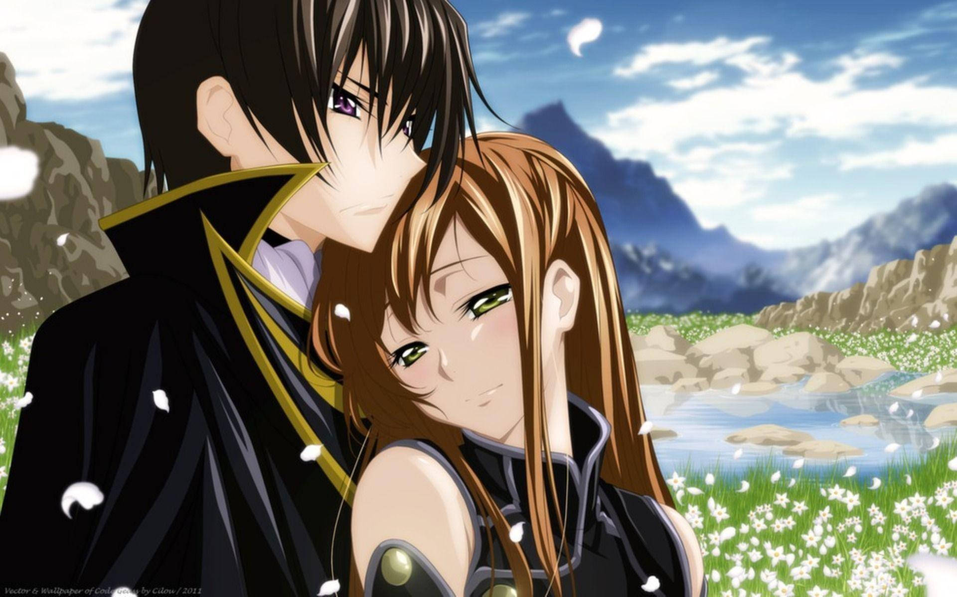 Anime couple, mountain meadow, white flowers, Full HD Desktop Wallpaper