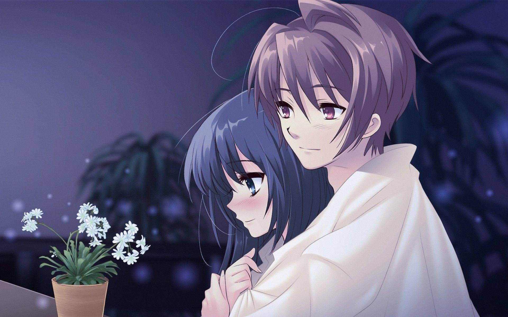 anime couple hug blanket, twilight sky, potted flower, Full HD Desktop Wallpaper
