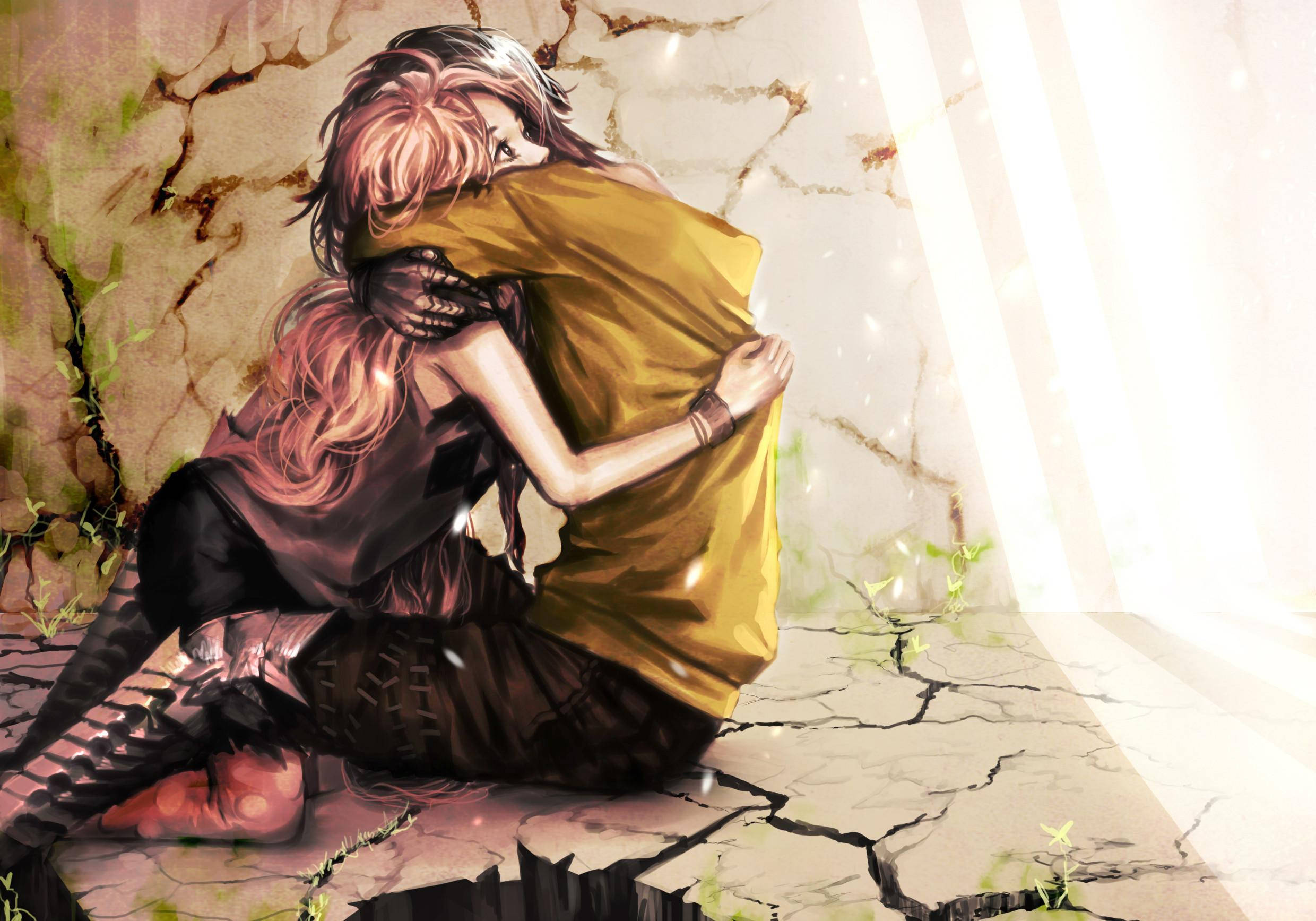 anime couple hug, pink hair, cracked earth, Full HD Desktop Wallpaper