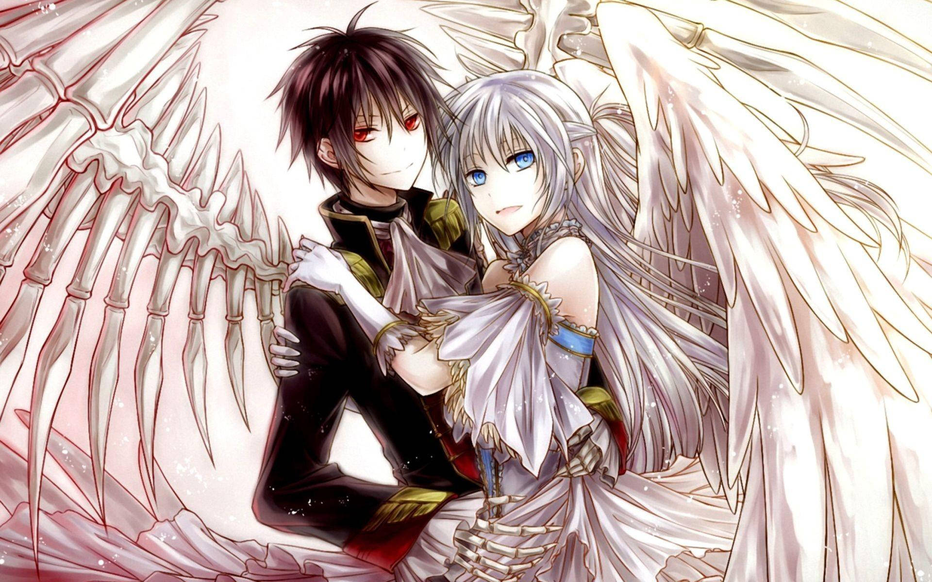 dark-haired demon, red eyes, silver-haired angel, Full HD Desktop Wallpaper