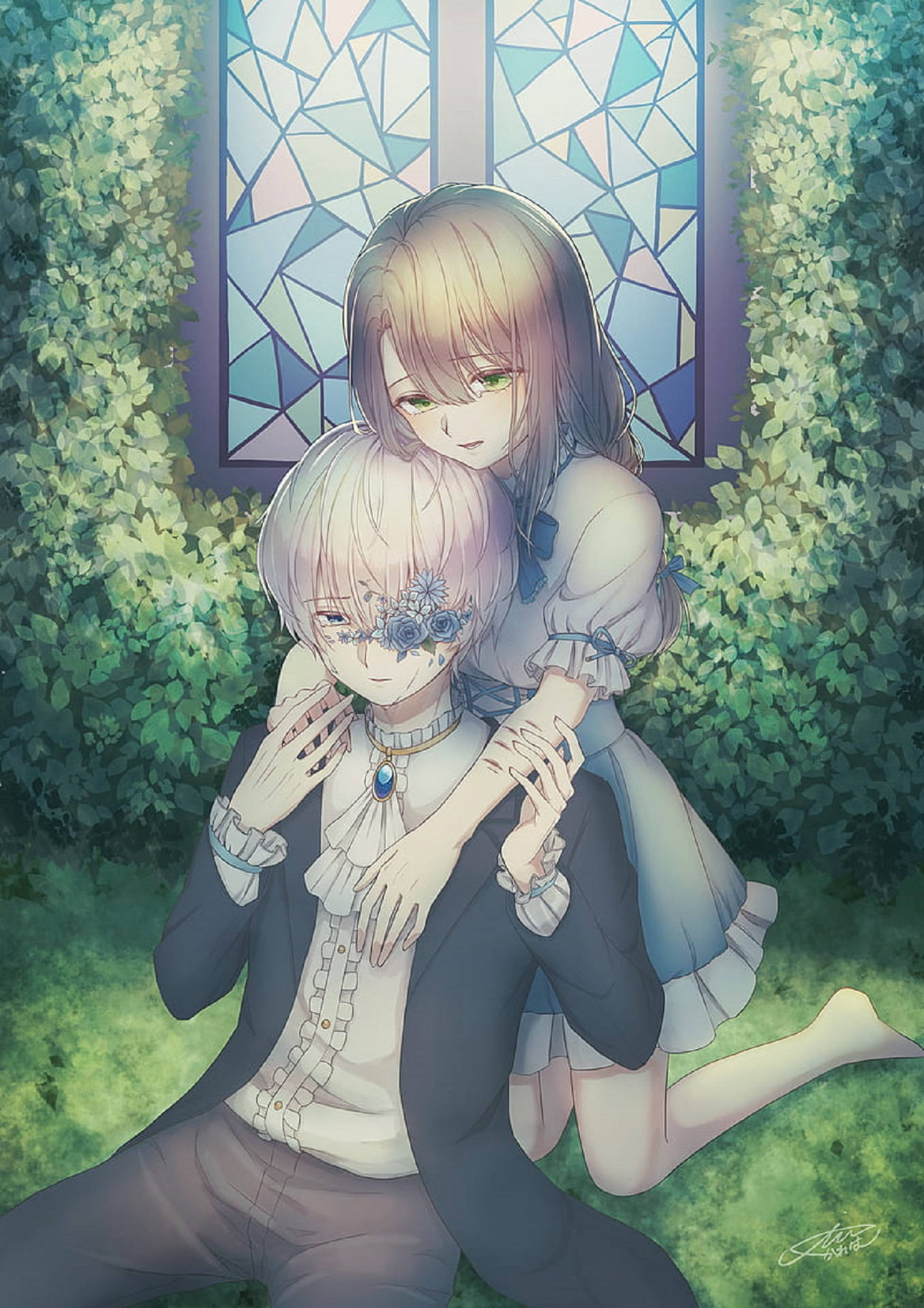 Anime Hug, sunlit garden, stained glass window, Full HD Phone Wallpaper