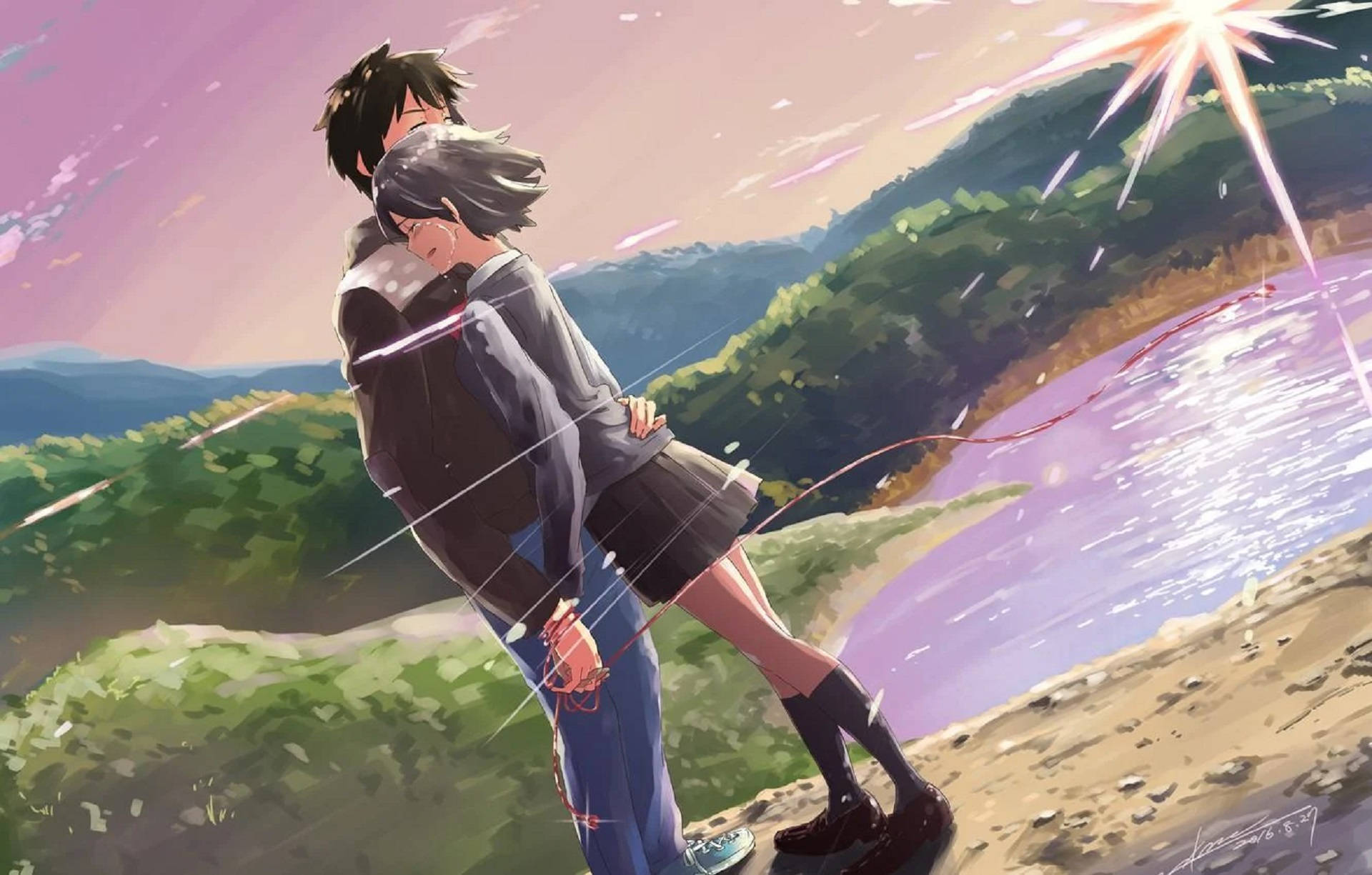 Anime Hug, glowing lake, vibrant sunset sky, Full HD Desktop Wallpaper