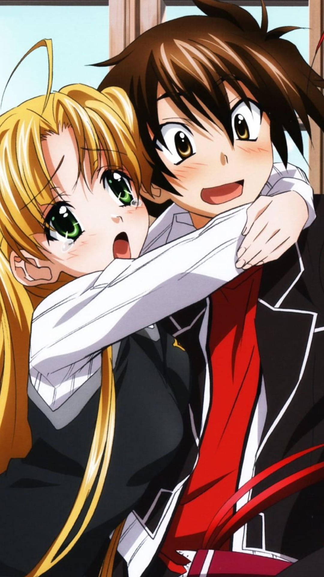 school girl anime hug, blonde anime girl, green eyes, Full HD Phone Wallpaper